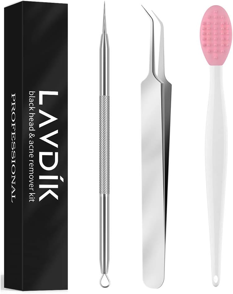 Blackhead Remover Tweezers Nose Lip scrub Brush Tools Kit for Acne,Blemish and Splinter Pimple Extractor,Blackhead Extrator Remover Beauty Facial Cleansing Brush Tools