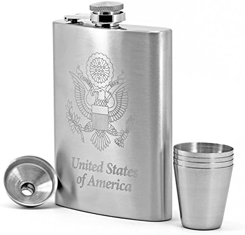 Premium USA Engraved Hip Flask for Men & Women - 304 (18/8) Stainless Steel 8 oz Flasks for Liquor Gift Set with Bonus Funnel & Shot Glasses & Groomsmen gift box by Karon
