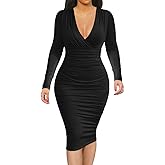 BEAGIMEG Women's Sexy Bodycon Long Sleeve Ruched Deep V Neck Solid Party Club Midi Dress