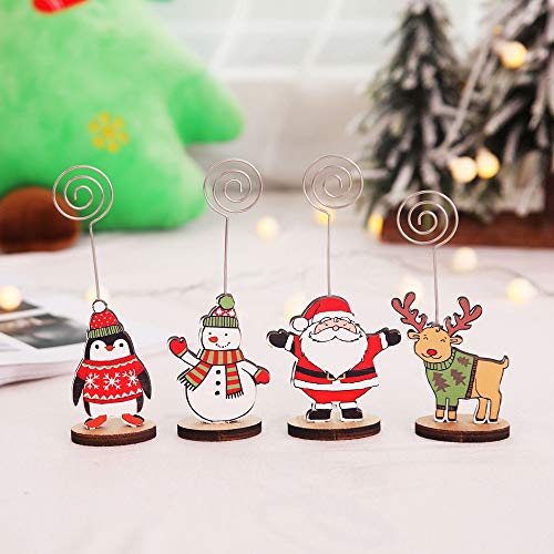 Amytalk 12Packs Christmas Wood Place Card Holders with Swirl Wire and 20Pcs Kraft Place Cards, Wooden Table Memo Photo Picture Number Sign Stands Holder for Party Table Decorations