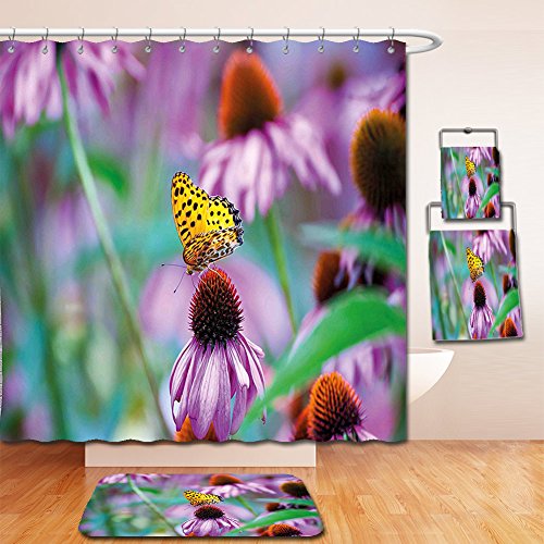 Click Here to See More Images Nalahome Bath Suit: Showercurtain Bathrug Bathtowel Handtowel Garden Monarch Butterfly on Coneflowers Wildlife Bugs Plants Rural Scenery Photo Fuchsia Yellow Green