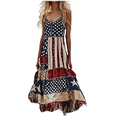 Women's Vintage Independence Day Patch Art Line Dress Patchwork Flower Casual Dress American Flag Dresses for Women