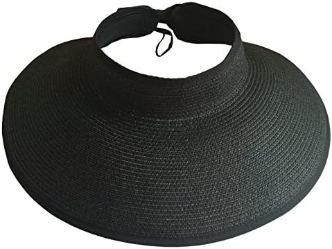 Sun visor hat,Roll-up Wide Brim with Bow Sunshade Beach Travel Hats,Easy to Carry Straw Sun Hats 2 size for Adult and Children (Large, Black)