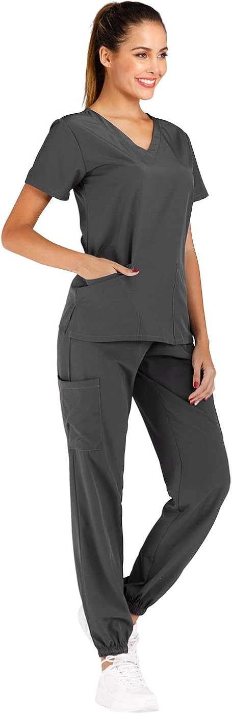 Minty Mint Women's Solid Stretch Medical Uniform Scrub Set V Neck Top Cargo Tapered Jogger Pants