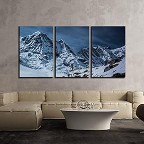 3 Piece Canvas Wall Art - Landscape of Snow Covered Mountains and Travellers - Modern Home Art Stretched and Framed Ready to Hang - 16"x24"x3 Panels