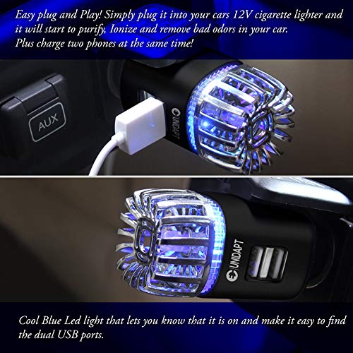 Car Air Freshener, Unidapt Car Air Purifier, USB Car Charger with Dual USB Charging Ports, Air Ionizer, Removes Cigarette Smoke, Dust, Bad Odors, Allergy Relief. (Black)