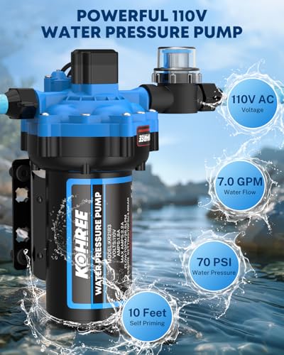 Kohree 7.0 GPM 70 PSI 110V AC Water Pressure Pump, On Demand Self-Priming RV Fresh Water Pump, 5-Chamber Diaphragm Pump with Pressure Switch and Strainer for RV, Marine, Garden, Kitchen, Bathroom