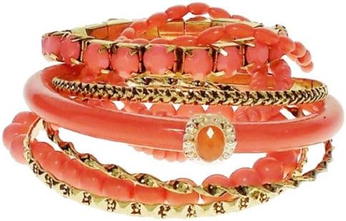 Bracelet - Coral Resin &amp; Gold Tone Stack and Stretch Bracelets - Kiki's Coral Kiss