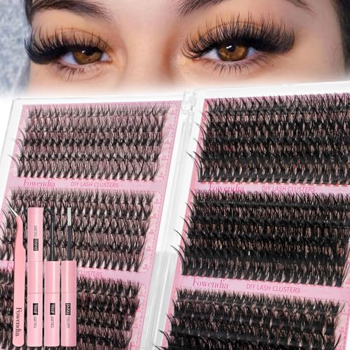 Fowendia Lash Clusters Kit 580PCS Fluffy Cluster Lashes Kit 30D-100D Volume Eyelash Extensions with Lash Bond and Seal D Curl Eyelashes Natural Look Individual Lashes (FSMT01)