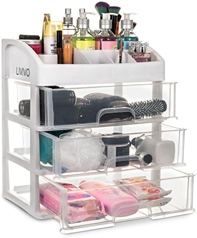 Fineway 3 Drawer Cosmetic Makeup Jewellery Nail Polish Ring Display Bathroom Bedroom Dressing Table Organiser With Top Tray – Ideal for Organising Make Up, Office Stationary, Toiletries, Medicines