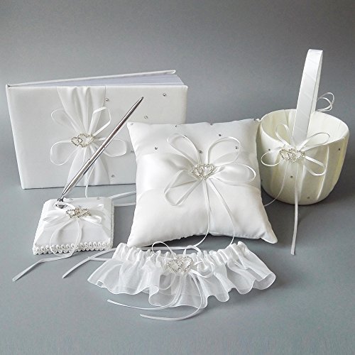 Wedding Flower Girl Basket Rings For Ring Bearer Pillow Garter Guest Book Pen Wedding Set Decoration Ribbon Ceremony Party Favors For Guests (Double Heart Ivory)