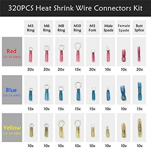 320 PCS Heat Shrink Connectors, ELETRAPICK Wire Connectors Crimp Terminals Kit, Electrical Insulated Waterproof Marine Automotive Butt Fork Ring Spade Connector Set, Red Blue Yellow 22 â€“10 AWG