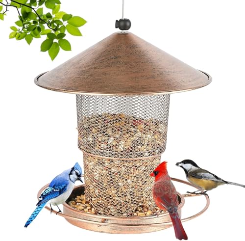 Bird Feeders for Outdoors Hanging, 2lb Large Seed Capacity Metal Feeder for Garden Patio, Mesh Tube Iron Outdoor Hanging Feeding Attract Various Birds, Including Finches and Sparrows(Brown)