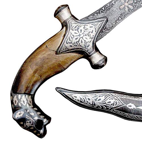 Tuzech Mughal Indo Persian Knight Vintage Sword Damascus Dagger w/Handmade Steel Blade/Silver Wire Bidaree Work Ancient Medieval Antique Crusader Khanjar Collectibles-Home Decor (Size 10 inch)