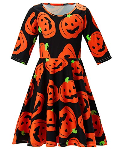 10t 11t 12t Girl Dresses Halloween Cushaw Garment 3 4 Sleeve Seaside Attire Black Squash General Patriotic Dress Children Black Orange Dresses Girls (Pumpkin Lantern, 10-13 T)