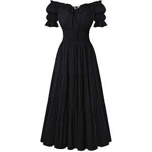 Scarlet Darkness Off Shoulder Puff Sleeve Renaissance Cottage Pirate Dress | Off-Shoulder, Puff Sleeves, Front Tie, Smocked W
