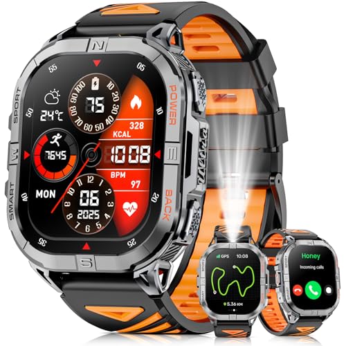 Military Smart Watch for Men, Rugged GPS Watch with LED Flashlight Compass, 2.13" AMOLED Smart Watches(Answer/Dial Calls), 3ATM Waterproof Fitness Tracker with Heart Rate/Sleep for iPhone (Black)