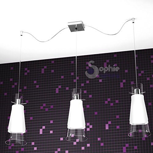 Modern Chandelier Suspension Lamp Height Adjustable Width 3 Lights Glass Cone Satin DESIGN STEEL CHROME TABLE Peninsula enoc S3S Sophie Lighting [Energy Class A]