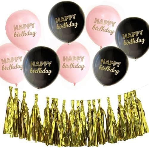 Happy Birthday Balloons By Washunga Fun: Pink And Black Party Balloons With Gold Letters โ Pack Of 8 Air Balloons, 20 Gold Foil Tassel Garlands And 10 Feet Hanging Bunting Banner String