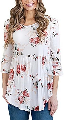 Women's Casual Scoop Neck Half Ruffle Sleeve Floral Tops Tunic