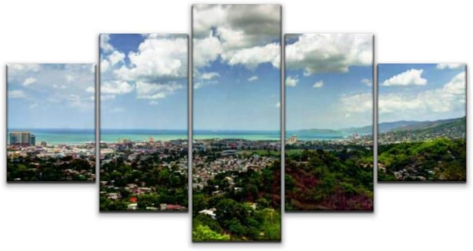 Paintings - Skipvelo Panorama Aerial View to Port of Spain Trinidad and Tobago Seaport Wall Art Canvas Prints Pictures Paintings Artwork Home Decor Stretched and Framed - 5 Pieces