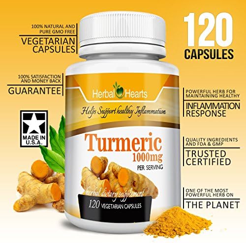 Organic Turmeric/Tumeric Curcumin 1000mg | 100% Pure Extract Vegetarian 120 Capsules | Herbal Hearts Premium Tumeric Non-GMO | Anti-inflammatory &amp; Anti-Aging | Most powerful Recommended Supplement