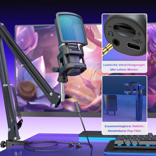 zealsound USB Gaming Microphone with Boom Arm & Table Tripod (2 Stands), Plug and Play Podcast Microphone for PC & Mobile Phone, with Tap-to-Mute, Gain Control, Monitoring, for Streaming, Discord, Zoom