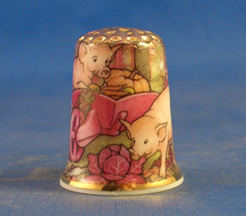Porcelain China Collectable Thimble - Piggy and Wheelbarrow Gold Top with Free Gift Box