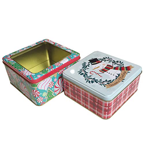 Christmas Cookie Tins With Metal Lids For Gift Giving Empty Candy Treat Swap Containers Ginger Snaps Snack Exchange Boxes Cerebrate a Holiday Goodie Party Favors Box 2 Pack Square Shape With Window