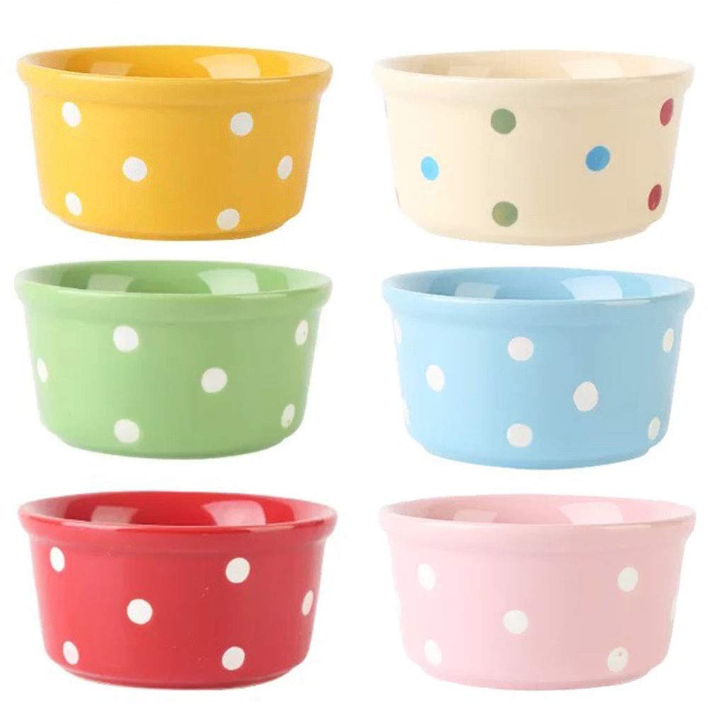 TAMUME 200ml Porcelain Ramekins and Soufflé Dishes for Baking Creme Brulee, Polka Dot Design Ceramic Baking Bowl Set of 6 Pudding Bowls