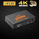 Huaka HDMI Splitter 4K, HDMI Powered Splitter 1 in 4 out 4K X 2K 3D 1080P Signal Distributor with Metal Box US Adapter Included For HDTV PC PS4 Xbox Blue-ray etc [1 input to 4 output 2018 Version]