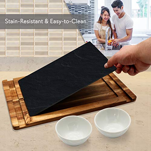Wooden Board Sushi Serving Plate - Rectangular Japanese Sushi Serving Plate - Acacia Wood Platter Display/Cutting/Serving Tray Set - Slate Plate, 2 Ceramic Sauce Bowls, Chopstick - NutriChef PKSUSH10