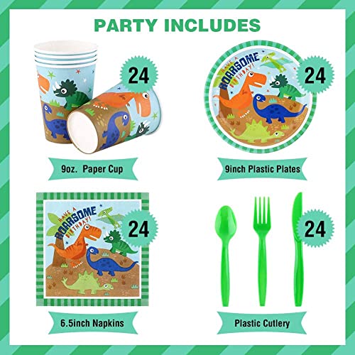 HAPYCITY 144 Pieces Dinosaur Birthday Party Supplies Set Serves 24