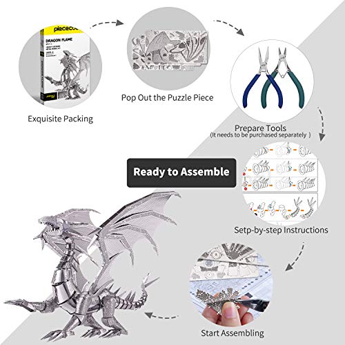 Piececool 3D Metal Puzzle Model Kits- Dragon Flame Metal Building Kit for Adults, Brain Teaser DIY 3D Dragon Puzzles Model Kits for Men, 115 Pcs