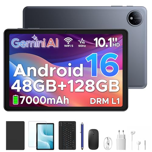 Luzglo P10 Tablet Android 16, Tablet 10 Pulgadas 48GB RAM+128GB ROM/2TB TF, Gemini AI, 90Hz Screen, 7000mAh, 5W OTG, 5G WiFi, Face ID, OTG, GPS, 3.5mm, Widevine L1, Tableta con Teclado y Lapiz, Gris