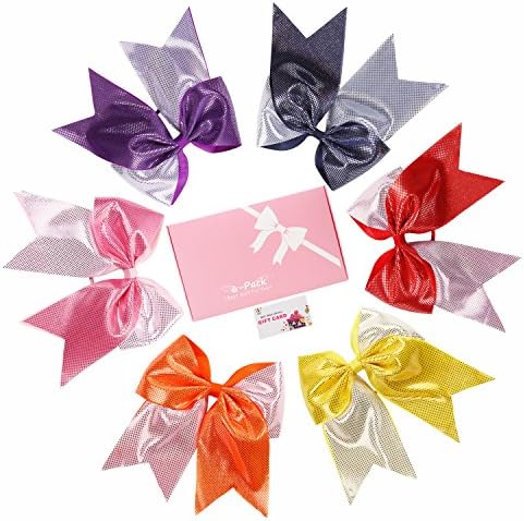 6 Pieces 7.5'' Sequin Cheer Bows for School Girls, Hair Bows with Elastic, Double Ribbon Handmade, Gift Box