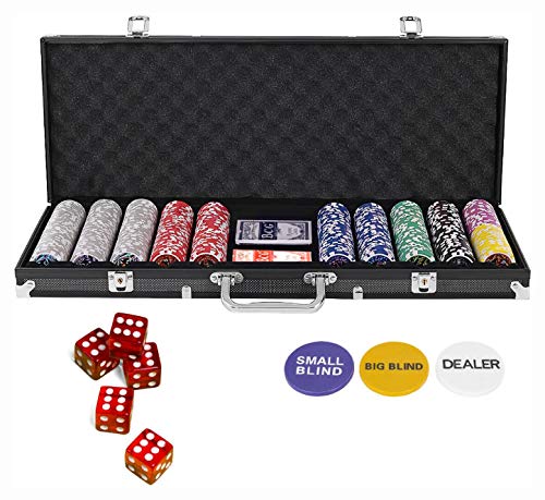 Poker Chip Carrier & Tray, Texas Holdem Cards with 500 Jetton and Dice in Aluminum Case, Silver