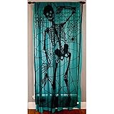 Black Skeleton Halloween Lace Window Curtain - 36 Inches X 84 Inches - And Halloween Wine Bottle Label