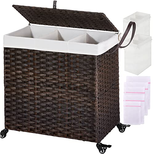 Greenstell Laundry Hamper with Wheels&Lid, 125L Large 3 Sections
