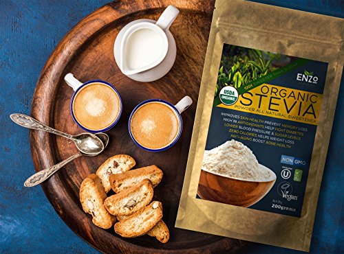 Easy Use Organic Stevia Powder 200g (7.05oz / 1600 Servings) All Natural Alternative Sweetener 12 x Sweeter than Processed Sugar USDA Certified No Artificial additives & fillers