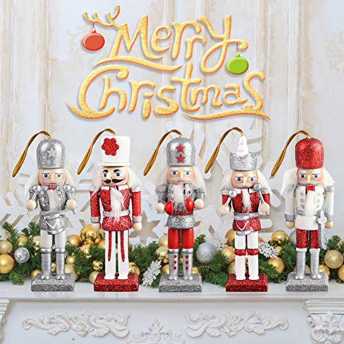Amor Christmas Nutcracker Ornaments Set, 5PCS Wooden Nutcracker Figurines Hanging Decorations for Christmas Tree Figures Puppet Toy Gifts