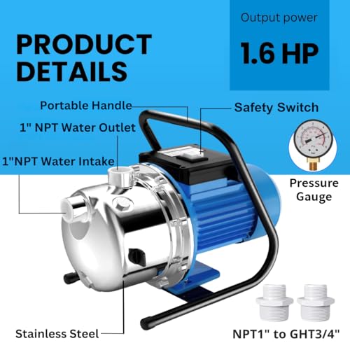 FOTING 1.6HP Shallow Well Pump, Portable Shallow Garden Pump 1600GPH, Stainless Steel Water Transfer Pump for Lawn Farm Garden, Light Blue