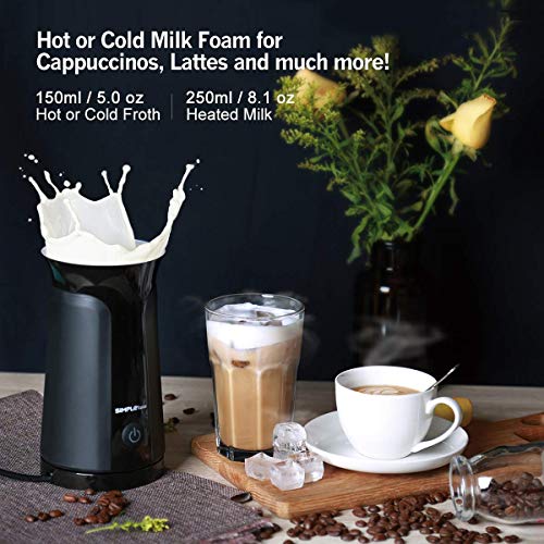 SIMPLETASTE Milk Frother and Warmer Foam Maker for Hot or Cold Drink, Automatic Shut Off, Ceramic Non Stick Interior, Patented Design, Black