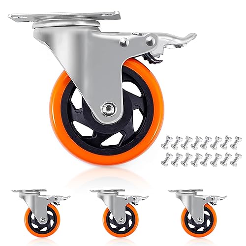 RONLADO Ruedas para Muebles Pesados,Ruedas Giratorias de Alta Resistencia con Frenos y 16 Tornillos,Juego de 4 Ruedas Giratorias de 4" (100mm) y 360°para Muebles Con Freno,Carga Máx 400kg