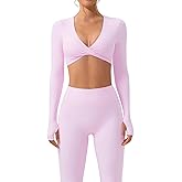 SUUKSESS Women 2 Piece Workout Sets Long Sleeve Twist Deep V Crop Padded Tops Yoga Leggings with Side Pockets