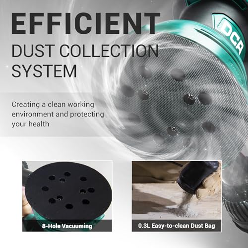 DCA Random Orbital Sander, 300W 12000 OPM Electric Sander with Dust Collection, 125MM Hand Electric Tool, 6 Variable Speeds, 10pcs Sandpapers for Woodworking,Sanding, Polishing, DIY, Home Improvements