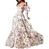 NeeMee Floral Dress Half Sleeve Drawstring Puffy A-Line French Beach Wedding Graduation Party Gown