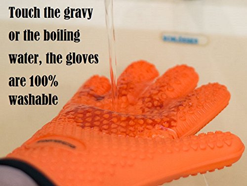 No.1 Set of Silicone Smoker Oven Gloves - Extreme Heat Resistant Washable Mitts for Safe Cooking Baking & Frying at The Kitchen,BBQ Pit & Grill. Superior Value Set + 3 Bonuses (Orange)
