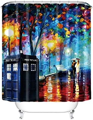 Haoshang Oil Painting Art Bathroom Decor Shower Curtain A Pair of Lovers Holding an Umbrella at Rainy Night Walk,Waterproof and Mildewproof Polyester Fabric 66x72 inch