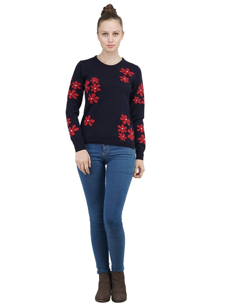 kalt women's round neck full sleeves intarsia cotton sweater